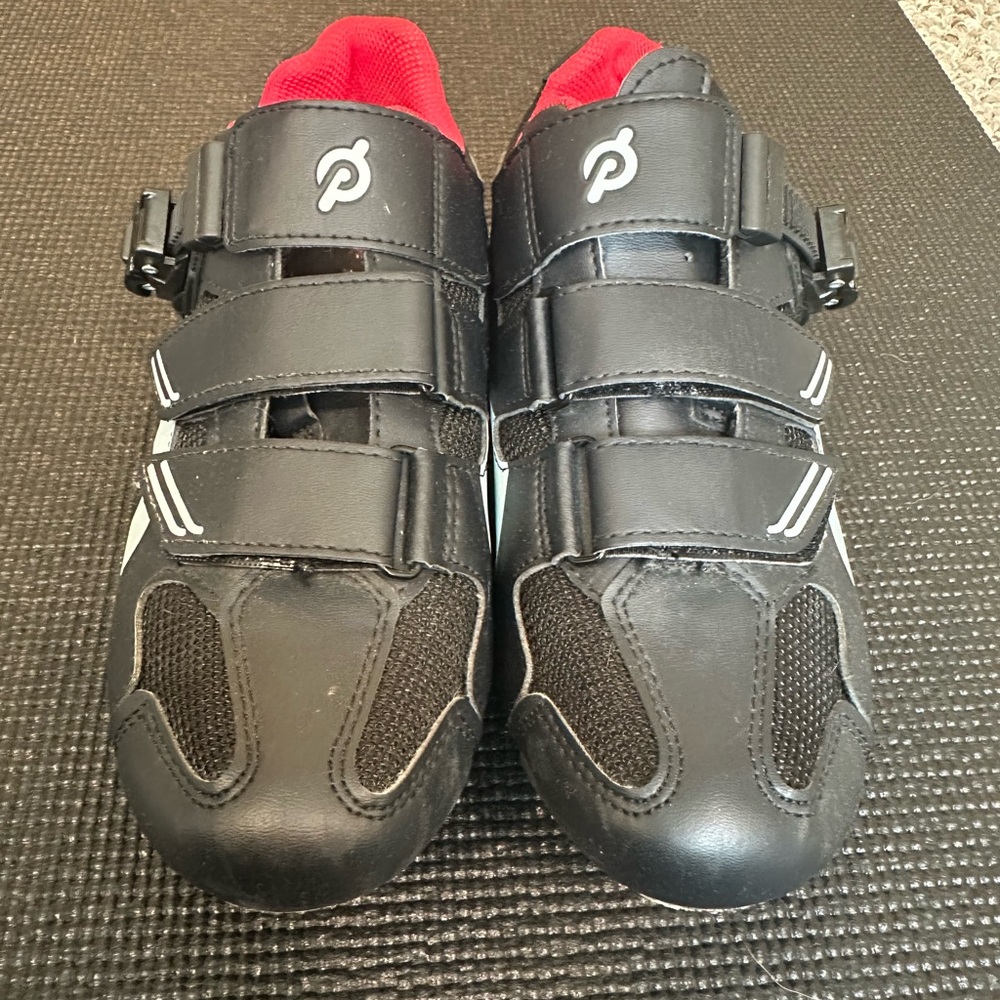 Peloton Black Cycling Shoes with Vibrant Red Lining